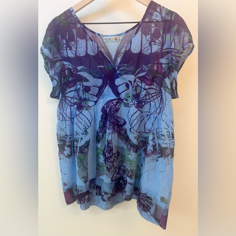 Unity World Wear Blue Purple Butterfly Babydoll Blouse XL